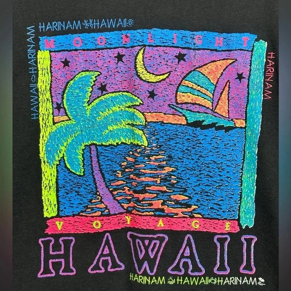 VTG 90s HAWAII HARINAM Moonlight Voyage Neon T-Shirt - Picture 3 of 10